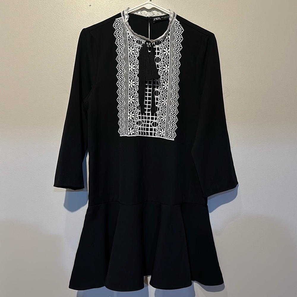 Zara black dress with white lace trim